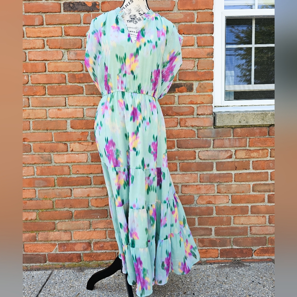 Steve Madden Women’s Small Watercolor Floral Chiffon Maxi Dress Sleeveless V-Nec